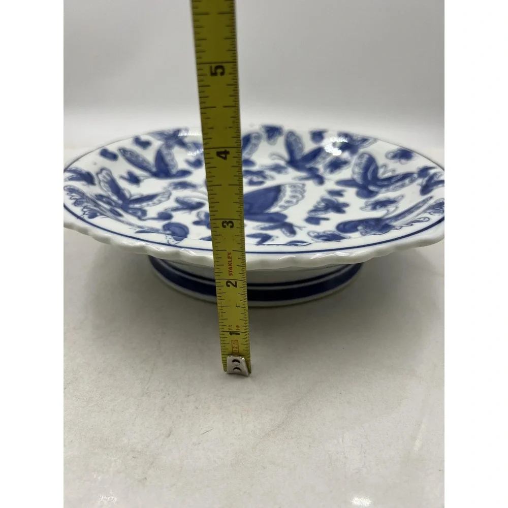 Vintage Pedestal Dish Scalloped Bowl Blue and White Butterfly Porcelain 9.5